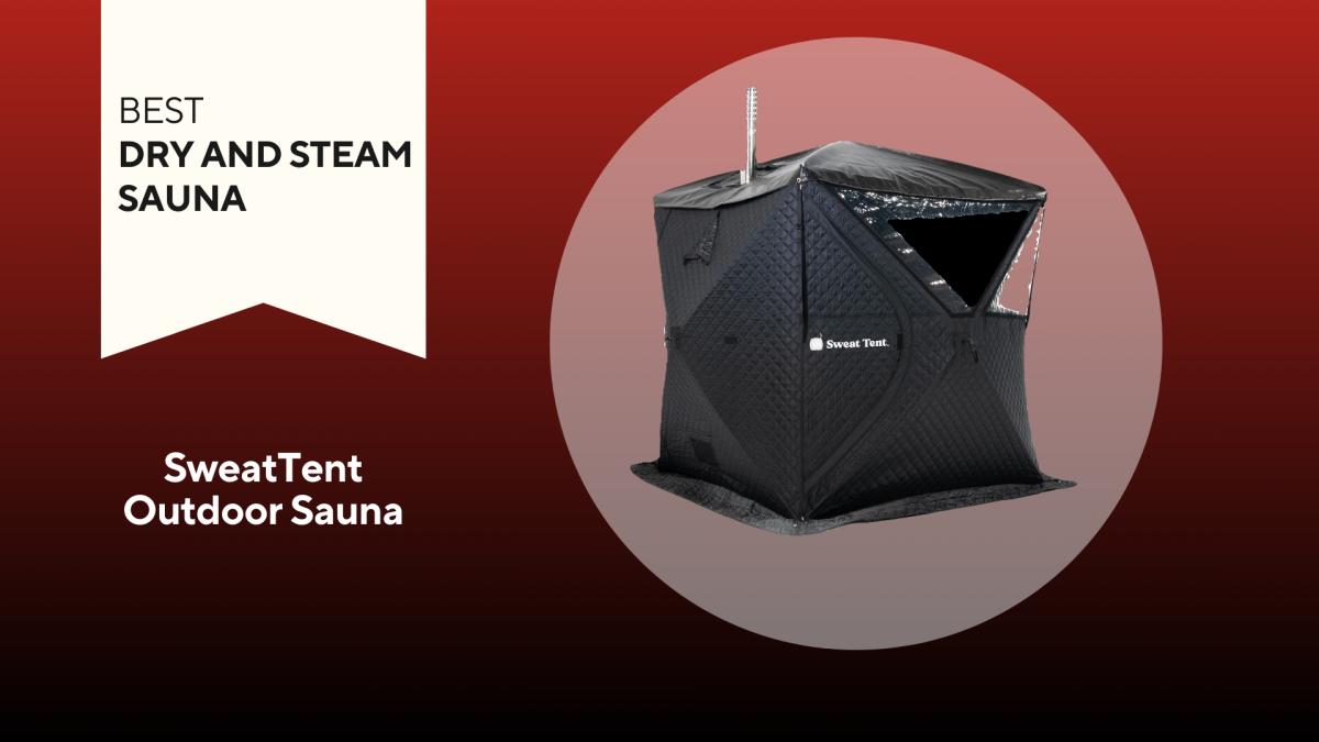 A black, box-shaped SweatTent Outdoor Sauna